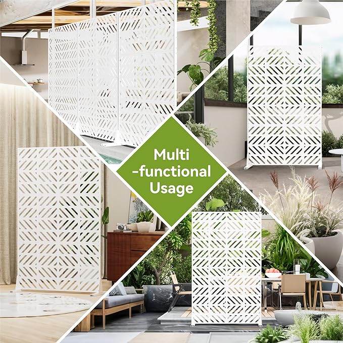 Metal Privacy Screen for Outdoor Freestanding Privacy Screens, 72" H x 44" W White Fence Panels with Stand, Patio Metal Screens for Outside Outdoor Divider Deck Balcony Garden and Indoor