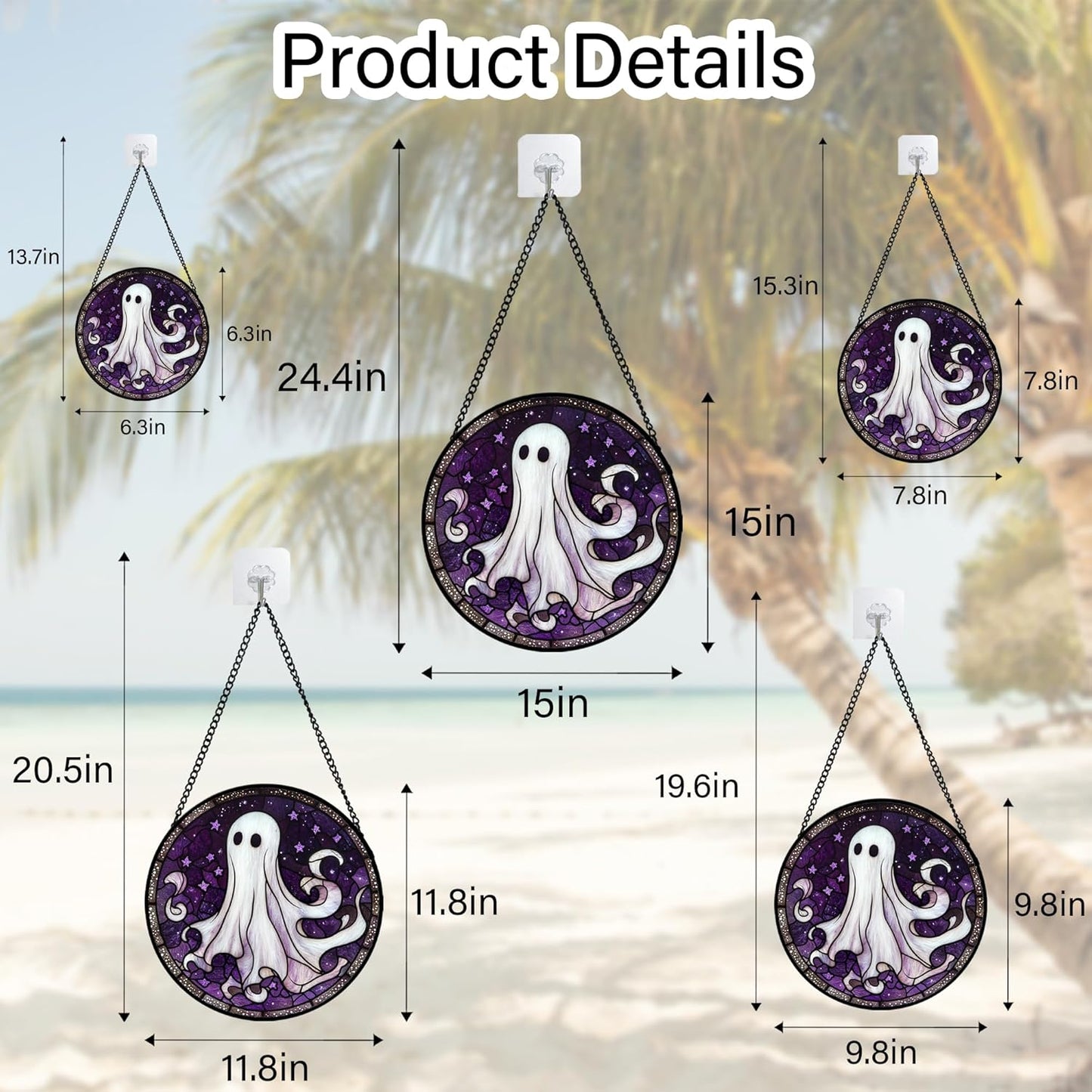 Stained Glass Window Hanging - Halloween Decorations White Ghost Purple Stars Suncatcher for Doors Garden Spooky Funny Sun Catchers Gothic Decor Horror Gifts for Women Men Friend 9.8 in