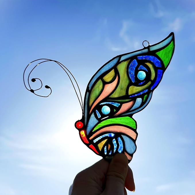 Stained Glass Window Hangings Butterfly Tiffany Style Butterfly Suncatcher for Window Hanging Suncatchers Handcrafted Ornament (Green&Blue)