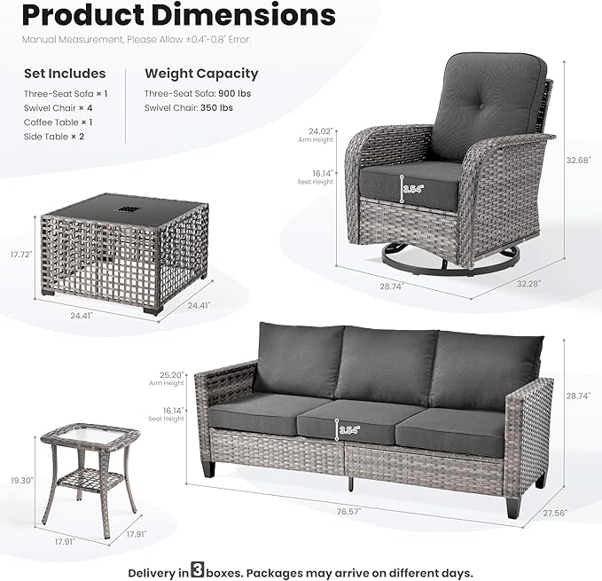 ovios 8 Pieces Patio Furniture Set, Outdoor Wicker Sofa Couch with Rocking Swivel Chairs Solar Lights Table, Modern Deep Seat Rattan Conversation Sets for Porch Deck, Black