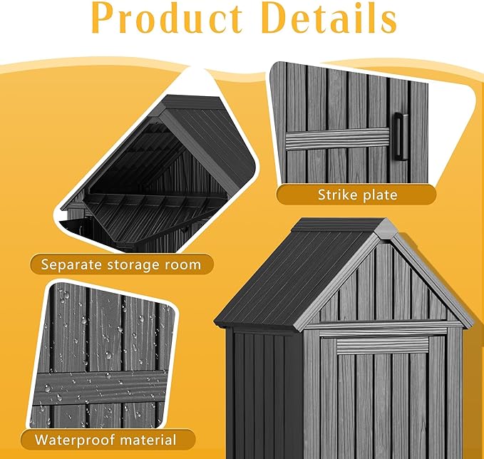 Storage Shed Outdoor,Waterproof Resin Garden Tool Shed, Heavy-Duty Weather-Resistant Cabinet for Patio, Backyard, or Garage (Deep Black)