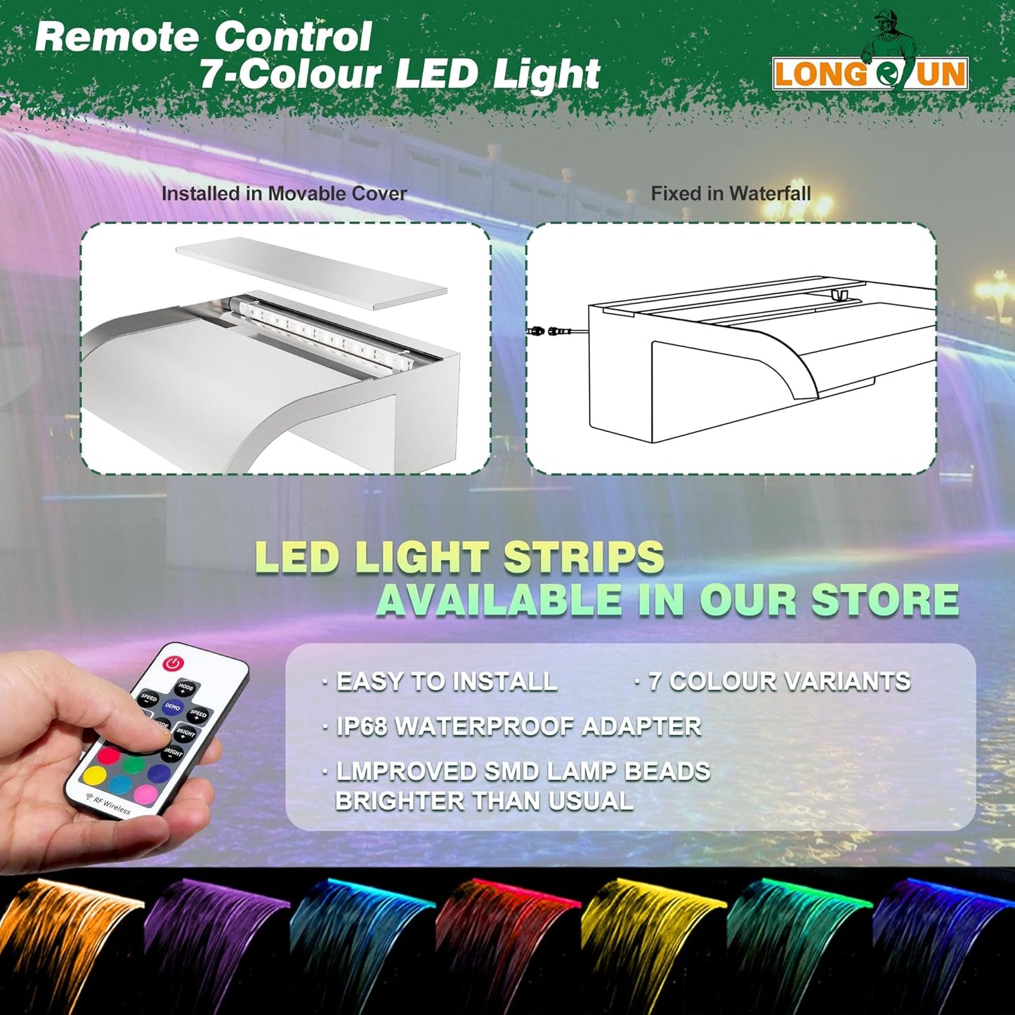 Waterfall Pool Fountain, LONGRUN Stainless Steel Waterfall Spillway for Pools and Ponds - 23.6" Wide Decorative Water Feature for Swimming Pools, Koi Ponds, and Garden