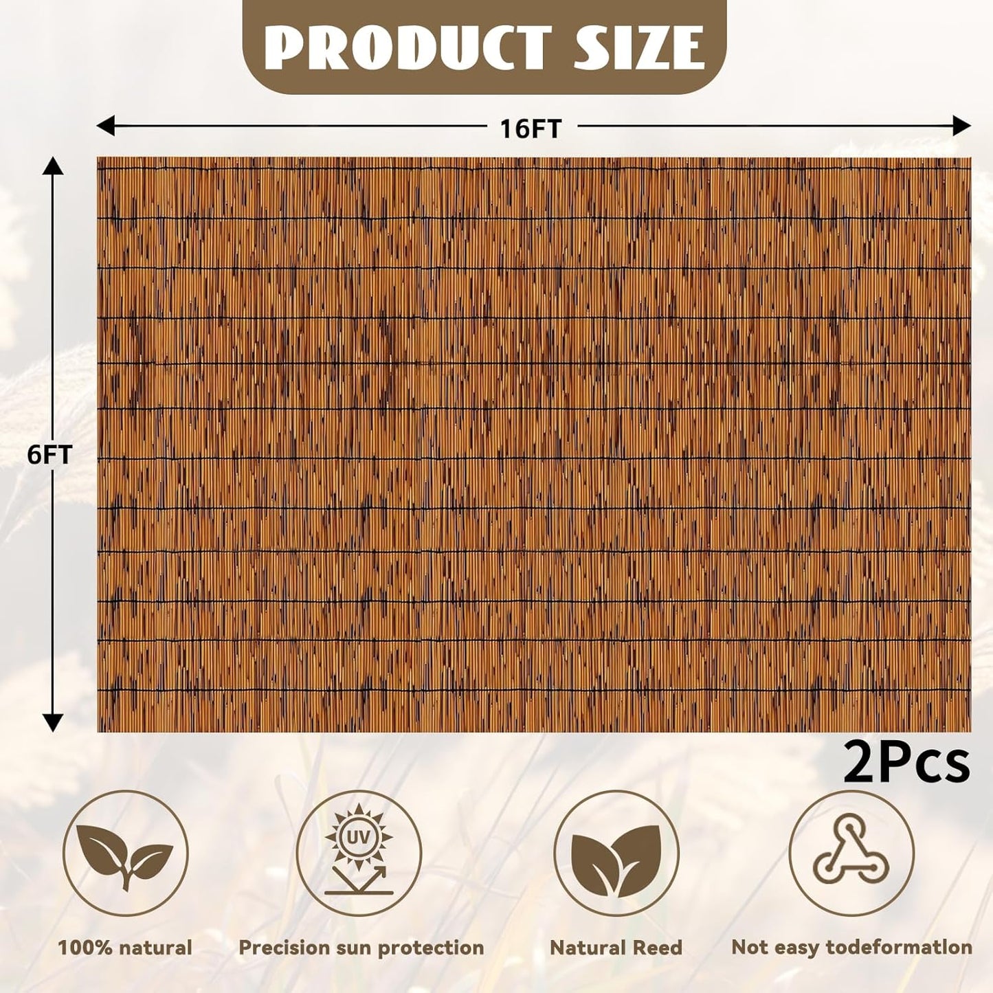 Bamboo Reed Fencing, Light Russet Bamboo Fence Rolls 6ft High, Decorative Privacy Screen Reed Curtains for Patio Balcony Garden Backyard Outdoor, 6 x 16 FT (2 Pcs)
