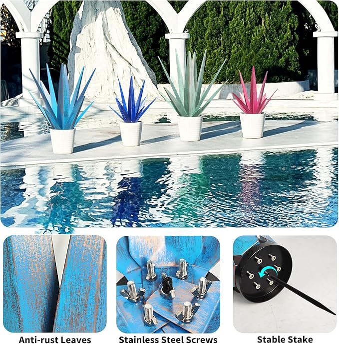 Large Tequila Rustic Sculpture, Rustic Metal Agave Plants for Outdoor Patio Yard, Home Decor Hand Painted Metal Agave Garden Yard Statue, Outdoor Lawn Ornaments Yard Stakes (Sky Blue - M)
