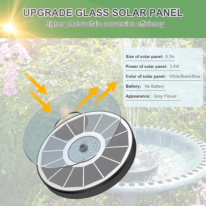 Solar Fountain Upgraded High Efficiency Glass Solar Panel, Solar Bird Bath Fountains with Flower No Battery,Solar Water Pump Fountain for Bird Bath Garden Small Ponds Outdoor Décor(White)