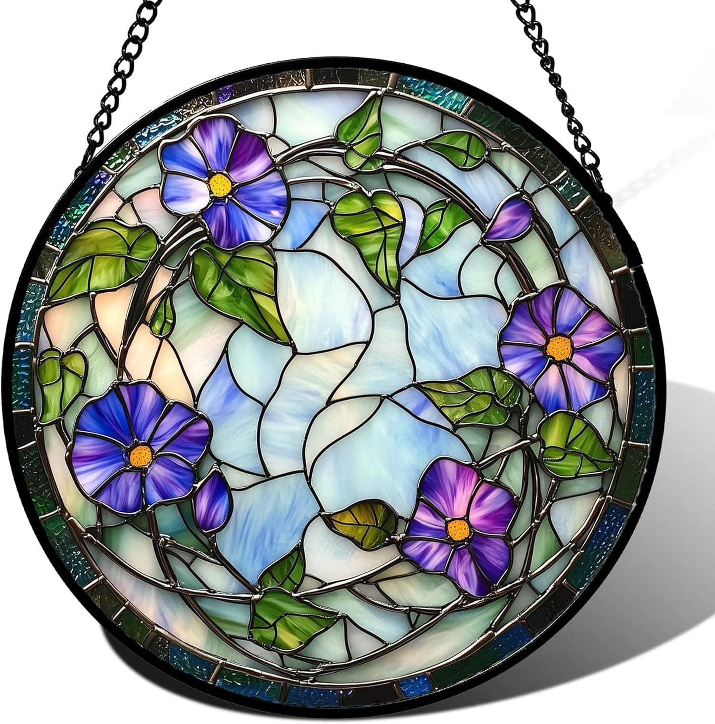 Stained Glass Window Hanging, Purple Morning Glory Flowers Suncatcher for Doors Window Home Plant Sun Catchers Decoration Mother's Day Birthday Gifts for Women, Men, and Mom 9.8x9.8 in