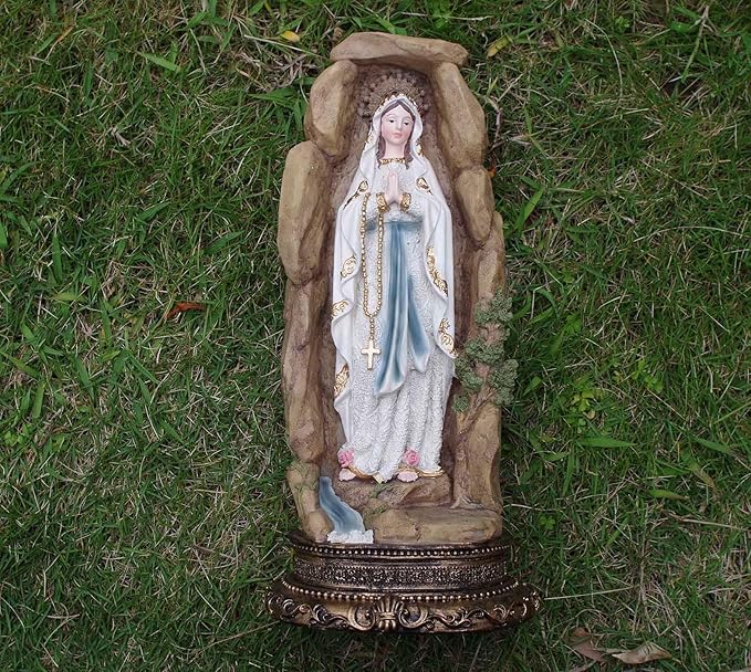 MeritMode Virgin Mary Collectible Figurines - Our Lady of Lourdes in Grotto Design, Handcrafted Resin Religious Gifts Decor for All Faiths, 12.5" H
