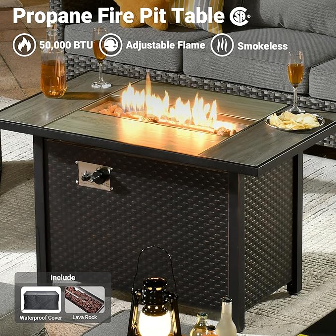 ovios 7 Pieces Patio Furniture Set with 42" Fire Pit Table, Outdoor Wicker Sofa with Swivel Chairs, All Weather High Back Rattan Couch Conversation Set, Dark Grey