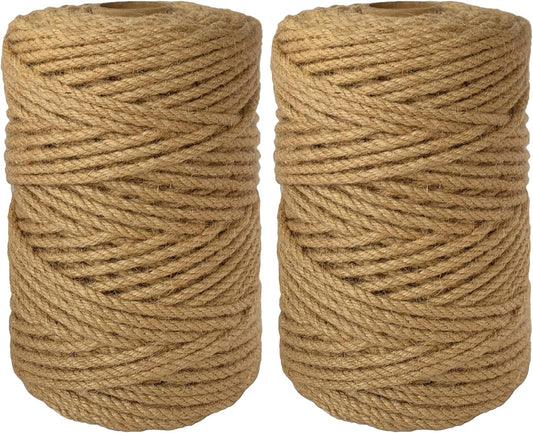 2-Pack Natural Jute Twine Rope, 5mm x 656ft Heavy Duty & Eco-Friendly - for Crafts, Gardening, Cat Scratching Post, Bundling & Hanging, 328Feet/Roll