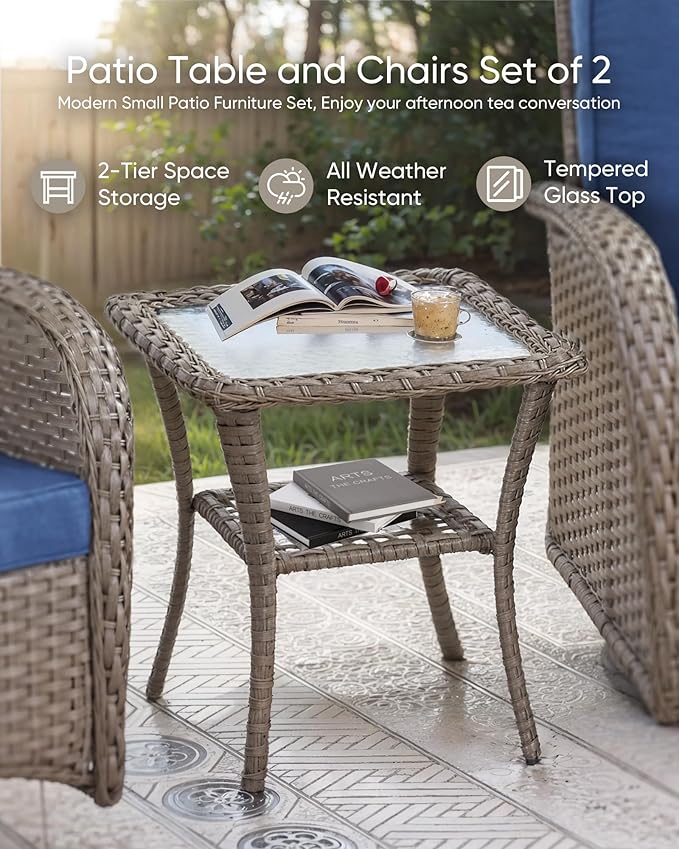 HUMMUH 3 Piece Outdoor Rocking Chairs Bistro Set-All Weather Wicker Outdoor Swivel Chairs Set of 2 with Side Table Small Patio Furniture Set for Deck Lawn Porch Balcony Poolside-Grey/Blue