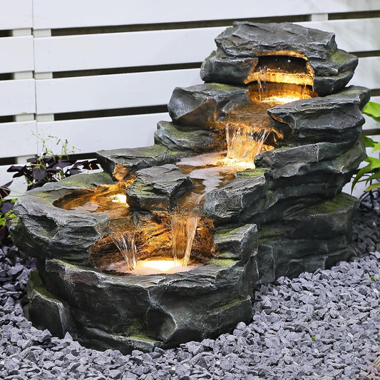 37" L Garden Outdoor Water Fountain, Floor Standing 5-Tiers Rock Natural Waterfall Outdoor Fountains with LED Lights for Patio, Porch, Home Art Decor