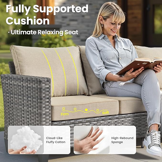 ovios 9 Pieces Patio Furniture Set, Outdoor Wicker Sofa Couch with Rocking Swivel Chairs Solar Lights Table, Modern Deep Seat Rattan Conversation Sets for Porch Deck, Beige