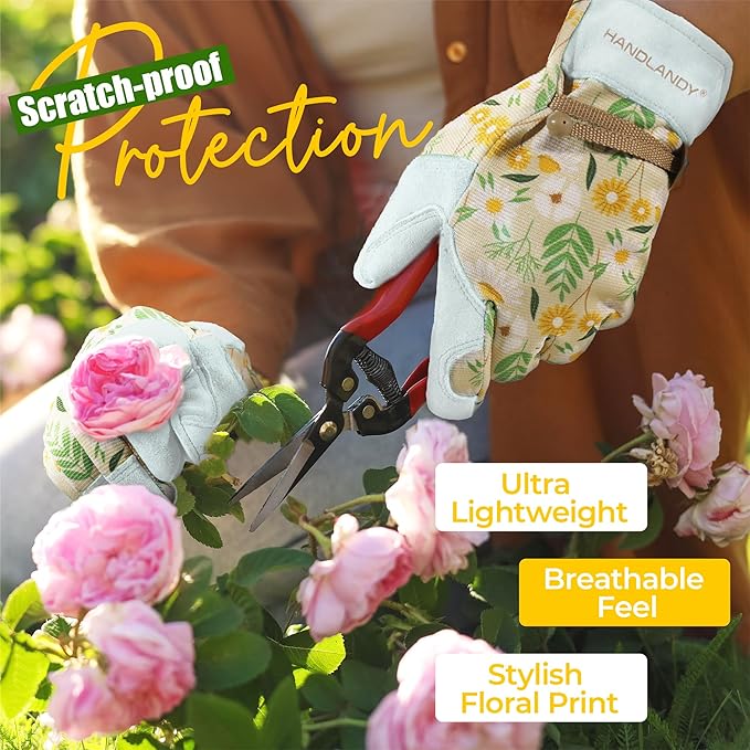 HANDLANDY Gardening Gloves for Women, Breathable Ladies Leather Garden Yard Gloves Best Gift for Gardeners