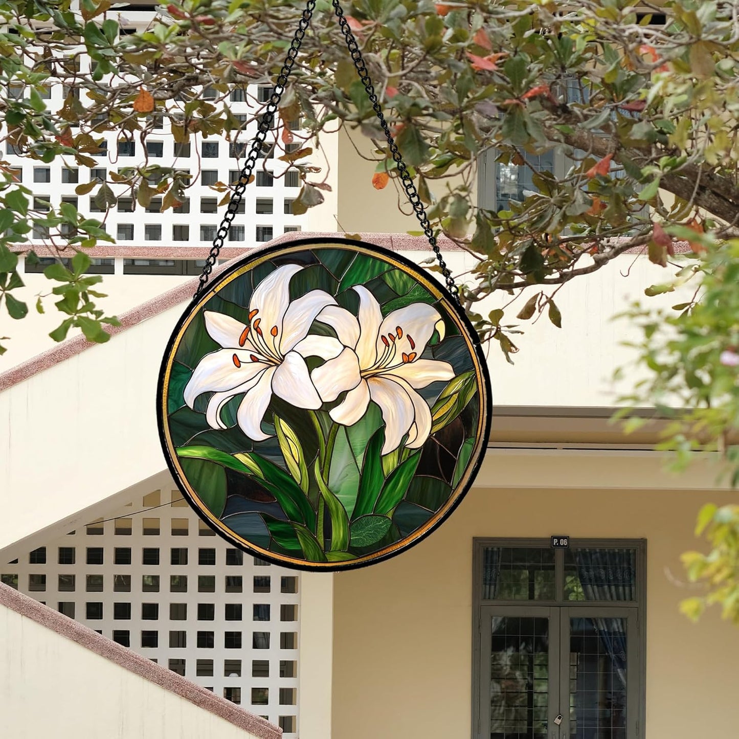 Stained Glass Window Hanging, White Lily Suncatcher for Door Garden Patio Birth Flower Green Plant Sun Catchers Decor Christmas Mother's Day Birthday Gifts for Women Mom Nana Friend 6.3 in