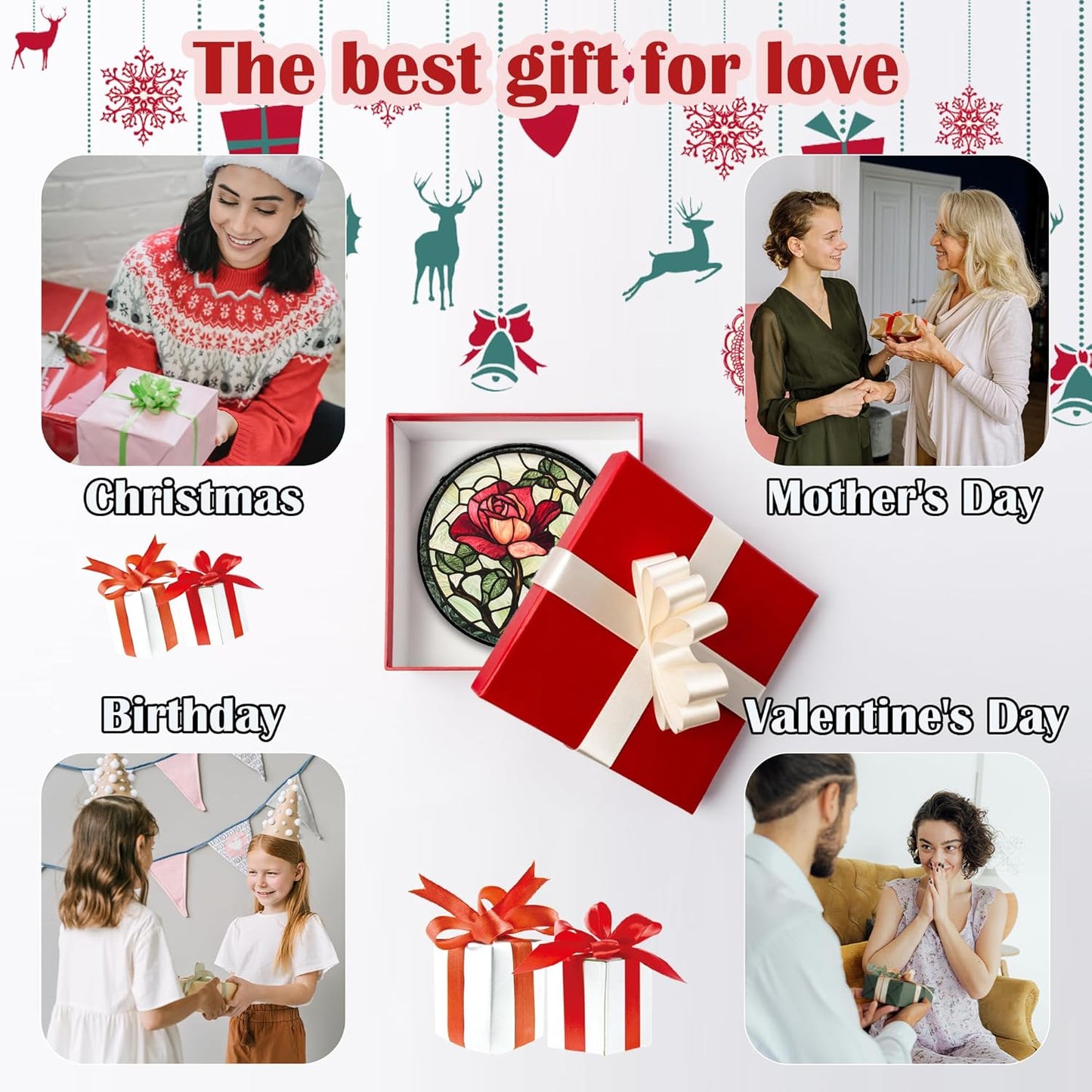 Stained Glass Window Hanging, Red Rose Flowers Sun Catcher for Door Garden Home Decor Suncatcher Christmas Mother's Day Birthday Gifts for Women Lovers Men Wife Girlfriend Mom Nana 15 in