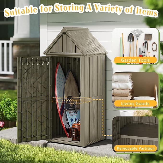 Storage Shed Outdoor,Waterproof Resin Garden Tool Shed, Heavy-Duty Weather-Resistant Cabinet for Patio, Backyard, or Garage (Grey)