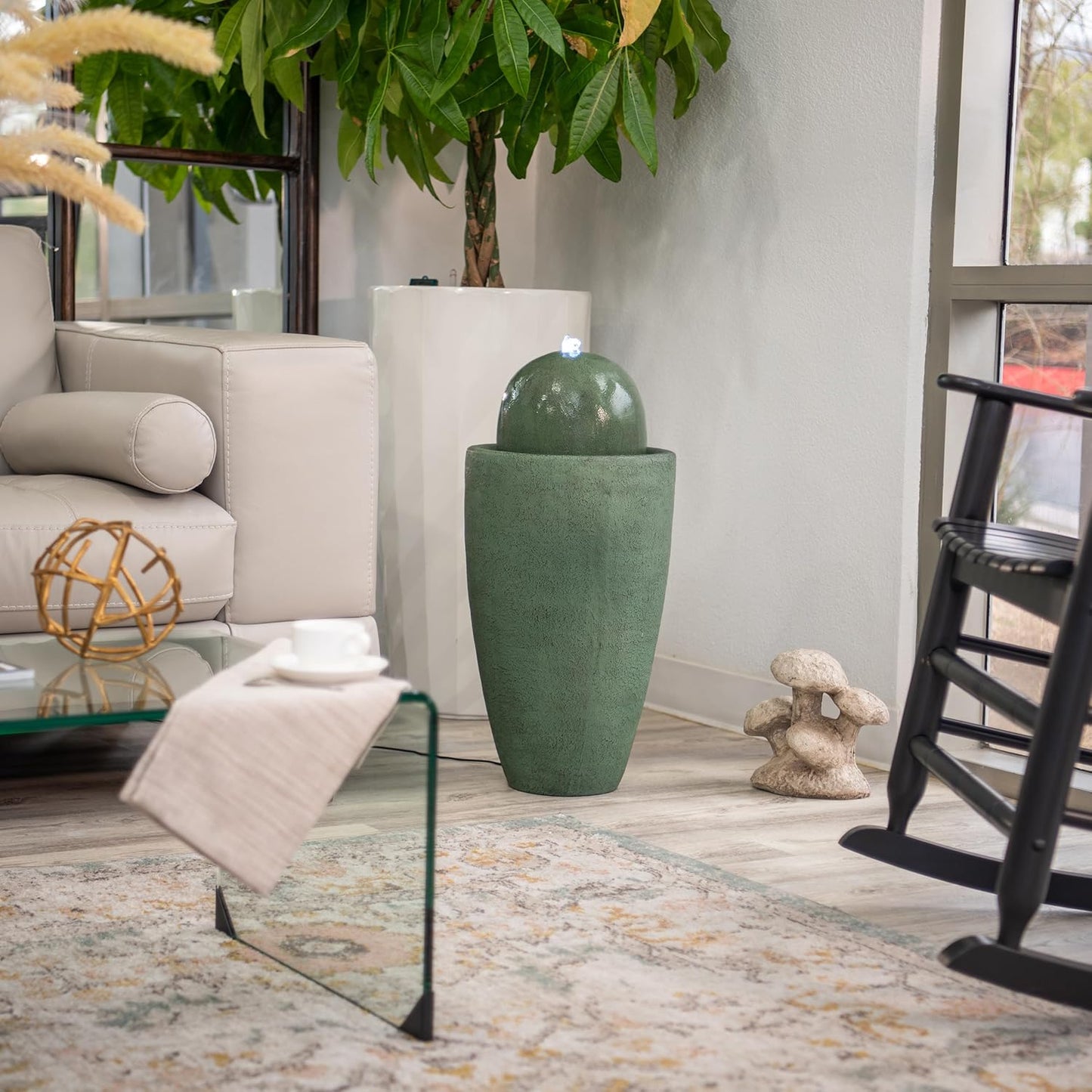 XBrand 25.98" H Round Stone Indoor/Outdoor Modern Stone Textured Sphere Water Fountain w/LED Lights, Ball Fountain Decor, Green