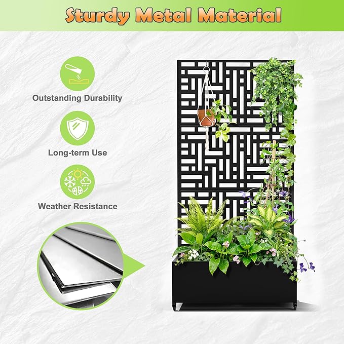 Metal Raised Garden Bed with Trellis, 2-in-1 Planter Box & Privacy Screen for Climbing Plants, Outdoor Standing Flower Bed with Drainage Holes, 35.4" L x 15.7" W x 70.1" H, Black-Helen