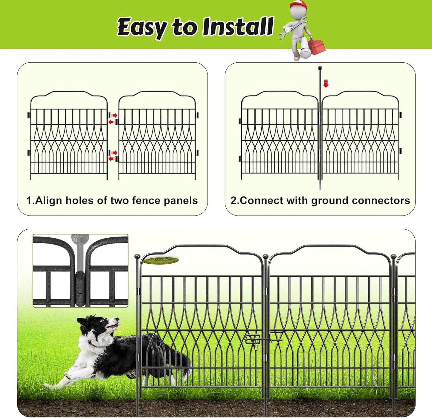 Bepatio 5 Panels Tall Garden Fence with Latch, 40in (H) x 11.5ft (L) Dog Fence Outdoor for Yard, Arc Metal Fencing Panels, Animal Barrier Fencing for Outdoor, Patio, Flower Bed
