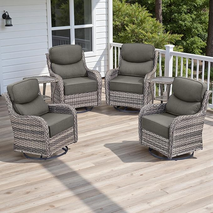 Rilyson 6 Piece Outdoor Patio Swivel Rocker Chairs, Waterproof Wicker, High Back, Deep Seating, Wide Armrest, Upgraded 6 inch Thick Cushions, Side Table, Ideal for Deck Porch Yard, Mixed Grey/Grey