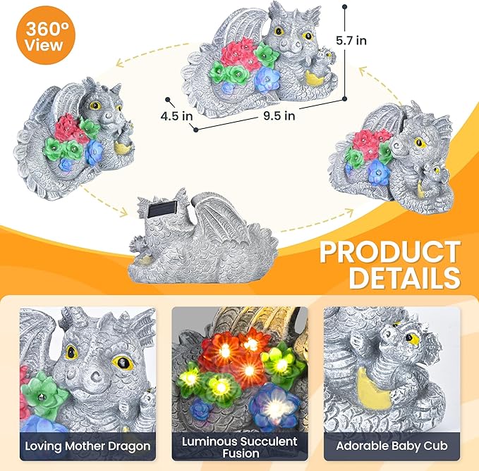 GIGALUMI Solar Garden Statues Dragon Statue Figurine Lights for Outside, Garden Decor Yard Decorations Outdoor for Mom, Women Housewarming Birthday Gifts