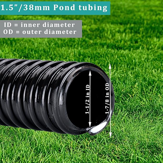 Pond Tubing ID 1 1/2” × 10ft Black Corrugated Flexible Reinforced Waterfall Pond Tube Sump Pump Hose, Non-toxic & Kinkproof (10 ft, 1 .5" ID 38mm)