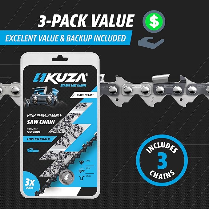 18 Inch Chainsaw Chain 3/8" LP Pitch, 050" Gauge, 62 Drive Links, fits DEWALT DCCS672B, Craftsman, Echo, Greenworks, Homelite, Poulan, Black & Decker and more (3 Chains) - 91vxl062g, 91px062x - S62