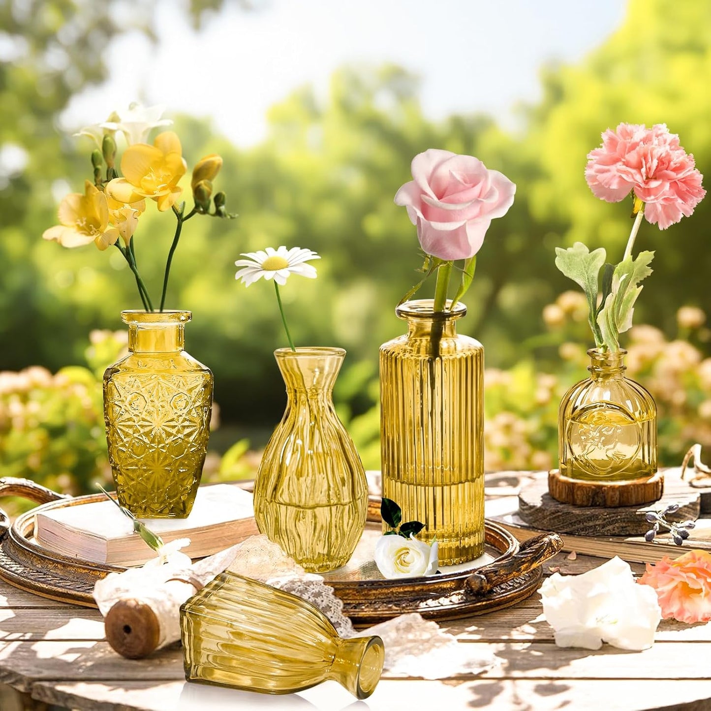 Amber Gold Glass Bud Vases Set of 24, Vintage Small Vases for Flowers, Clear Crystal Mini Style in Bulk, Small Flower Glass for Centerpieces Wedding Decorations Home Party Decor