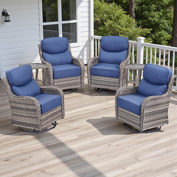 Rilyson 6 Piece Outdoor Patio Swivel Rocker Chairs, Waterproof Wicker, High Back, Deep Seating, Wide Armrest, Upgraded 6 inch Thick Cushions, Side Table, Ideal for Deck Porch Yard, Mixed Grey/Blue