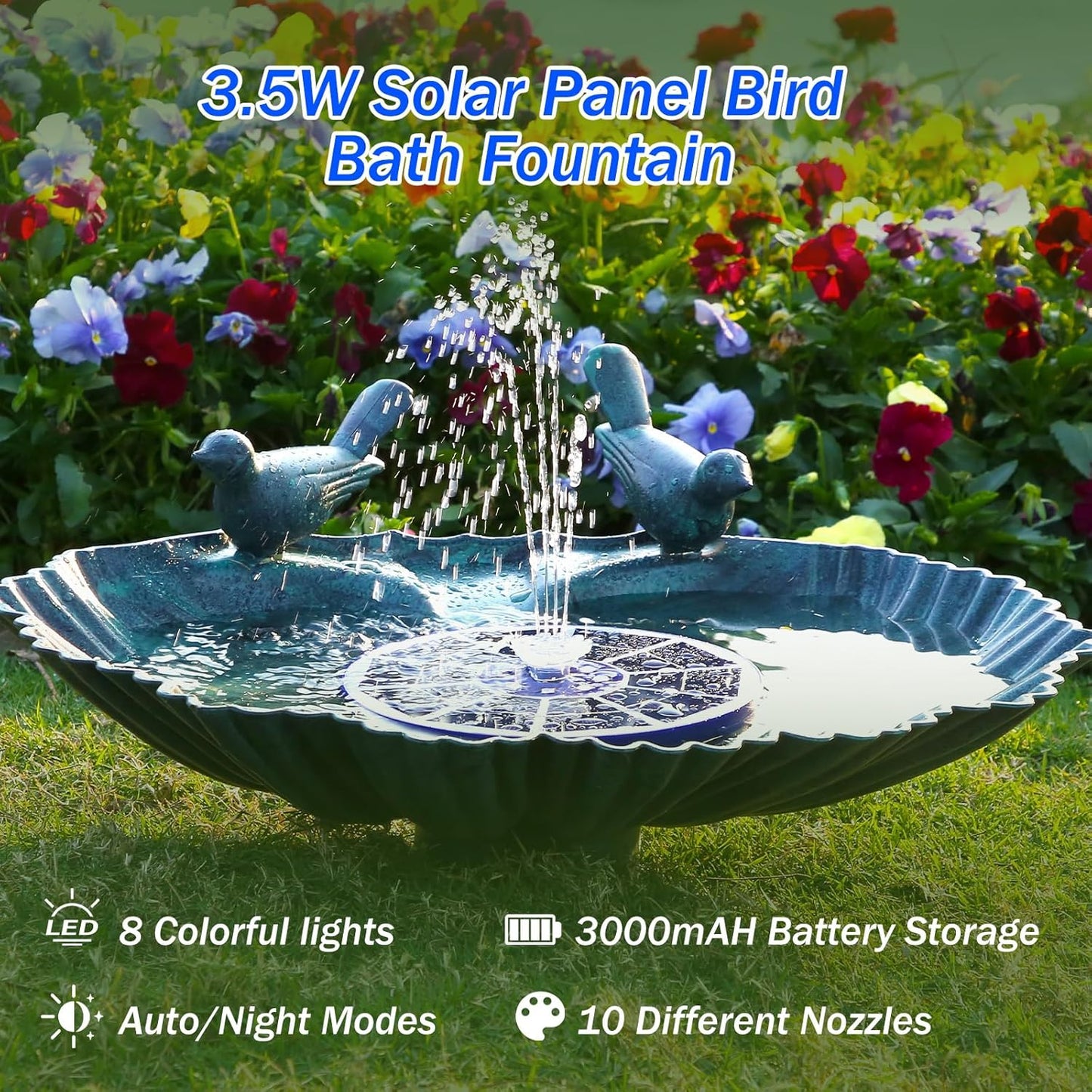 AISITIN 3.5W Solar Fountain Pump with LED Colorful Lights & 3000mAh Battery, Solar Bird Bath Fountain with 10 Nozzles, Solar Water Pump for Garden, Pond and Outdoor (Purple)