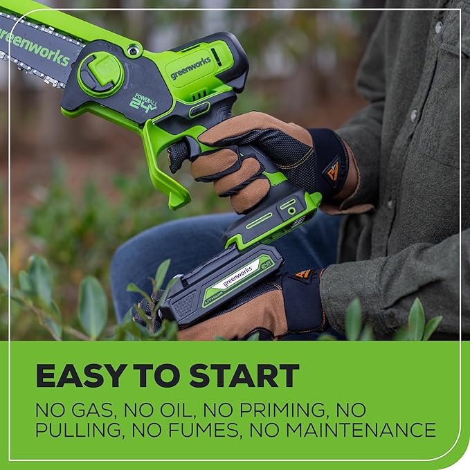 Greenworks 24V 6" Mini Chainsaw Cordless , Small Cordless Handheld Saw, 2.0Ah Battery and Charger Included, for Tree Trimming and Pruning