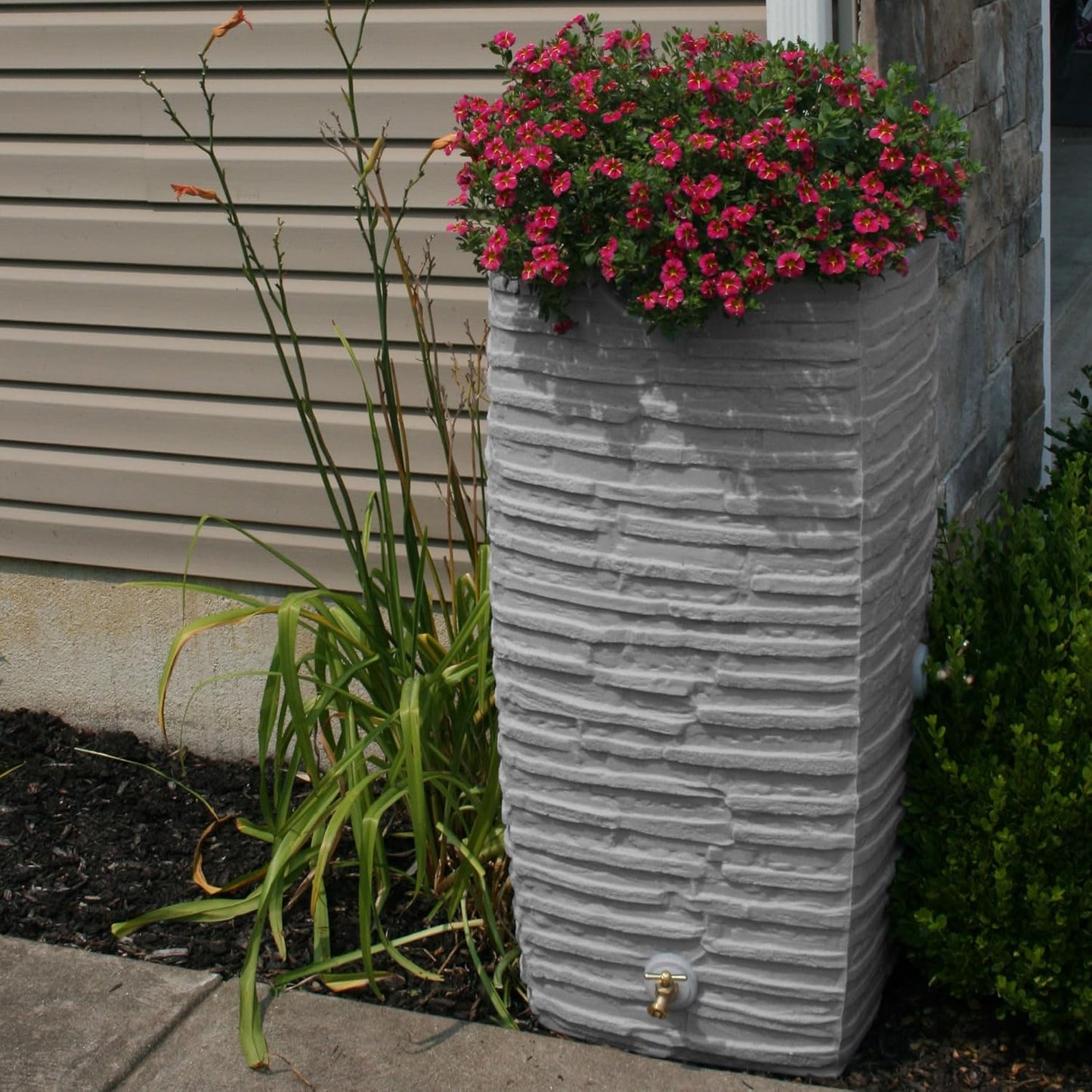 Good Ideas Rain Barrel, Faux Slate Riverwalk w/ 2 Brass Spigots, 50-Gal, Light Granite