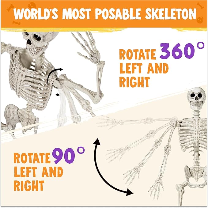 JOYIN 6.9 FT Halloween Skeleton Posable Plastic Full Body Realistic Human Bones with Movable Joints for Indoor Outdoor Halloween Props Spooky Scene Party Decorations（White, No Screwdriver）