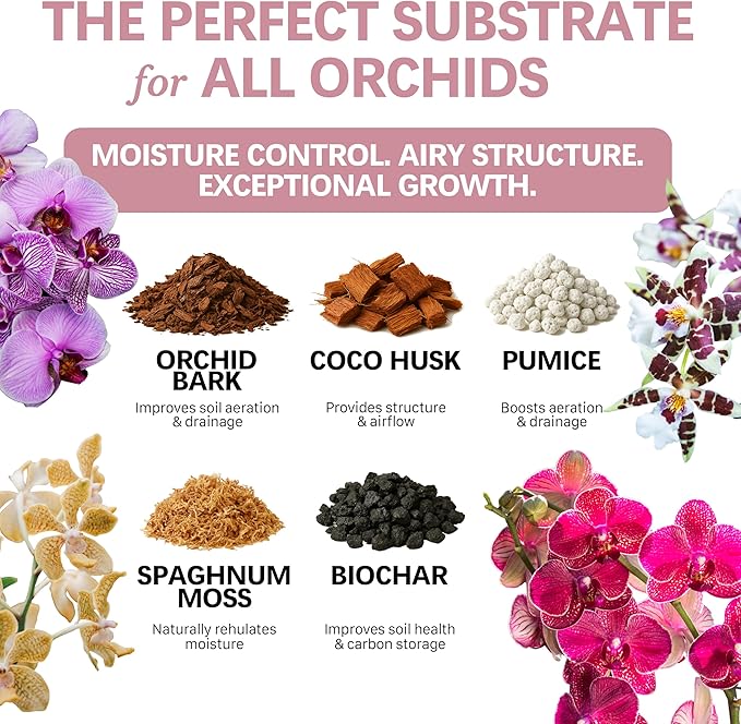 Orchid Soil - Premium Potting Mix for Phalaenopsis, Dendrobium & Cattleya | Fast-Draining, Moisture-Retentive, pH-Balanced for Healthy Root Growth | Organic & Peat-Free (4 QTS)