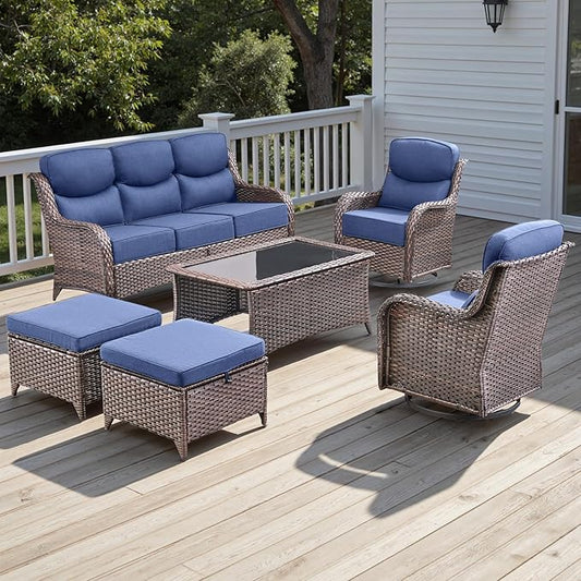 Rilyson Wicker Outdoor Patio Furniture Set - 6 Piece Patio Conversation Sets with Swivel Rocker Chairs, Ottomans, Sofa and Coffee Table, 6 inch Cushions, Deep Seating, for Porch Deck Brown/Blue