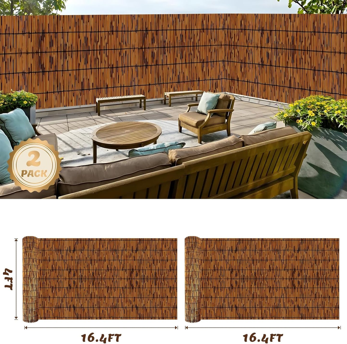 Natural Bamboo Reed Fence, 2 Pack 4FT x 16.4FT,Bamboo Privacy Screen for Garden, Decorative Fence for Outdoor Privacy Screening, Sun Blocking, Decorative Divider, Brown