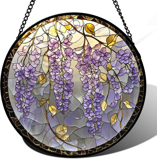 Stained Glass Window Hanging - Wisteria Flower Golden Leaves Sun Catcher for Door Home Decor Plant Suncatcher Christmas Mother's Day Birthday Gifts for Women Men Lovers Mom Nana 15 in