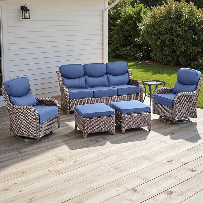 Rilyson Wicker Outdoor Patio Furniture Set - 6 Piece Patio Conversation Sets with Swivel Rocker Chairs, Ottomans, Sofa and Side Table, 6 inch Cushions, Waterproof Wicker, for Porch Deck Brown/Blue