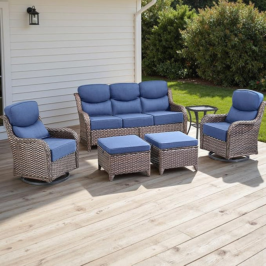 Rilyson Wicker Outdoor Patio Furniture Set - 6 Piece Patio Conversation Sets with Swivel Rocker Chairs, Ottomans, Sofa and Side Table, 6 inch Cushions, Waterproof Wicker, for Porch Deck Brown/Blue