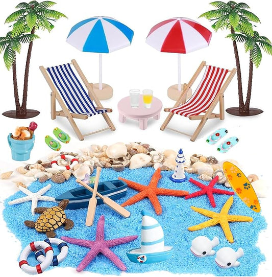 31 Pcs Beach Microlandscape Miniature Dollhouse Decoration, Maritime Decoration with Mini Beach Umbrella Mini Chair Miniature Coconut Tree Beach Decor for DIY Garden Plant Pool