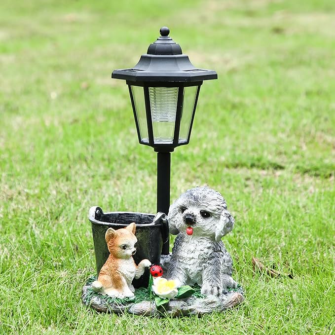 Solar Garden Outdoor Decor Statues Cat and Dog Playing Insect with Light,Outside-Outdoor Decorations Sculptures for Patio Yard Lawn Walkway Ornaments Clearance Gifts for Mom Grandma Birthday