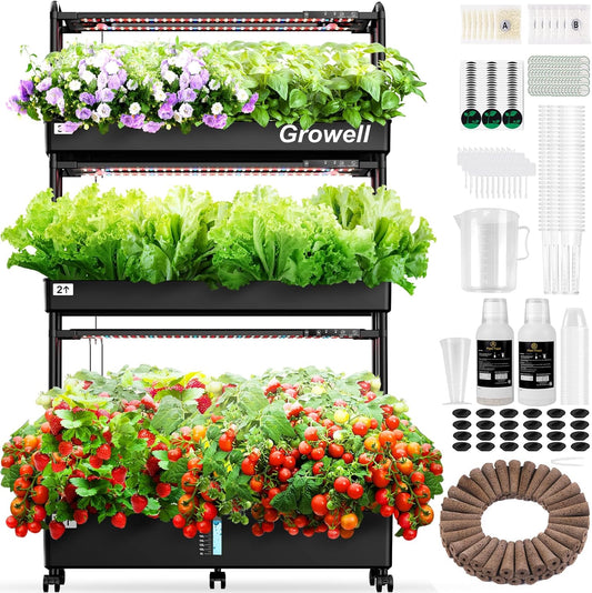 Growell Large Hydroponics Growing System Kit, 90 Pods Vertical Hydroponic Garden with 2 Light Modes Grow Light, Auto Circulating Water System, 40L Indoor Gardening System for Herb Vegetable Fruit