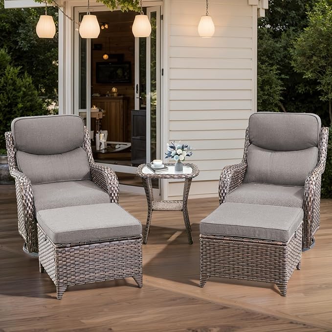HUMMUH Wicker Patio Furniture High Back Swivel Rocker Patio Chairs Outdoor Bistro Set with Ottomans Side Table for Porch Garden Deck