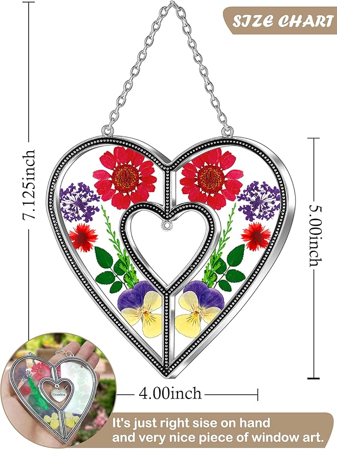 KY&BOSAM Heart Suncatchers DIY Stained Glass Hangings for Windows Wind Chimes Home Gardner Decor with Pressed Real Flowers Heart No Charm Birthday Gifts for Women Mother`s Day Christmas Ornamets
