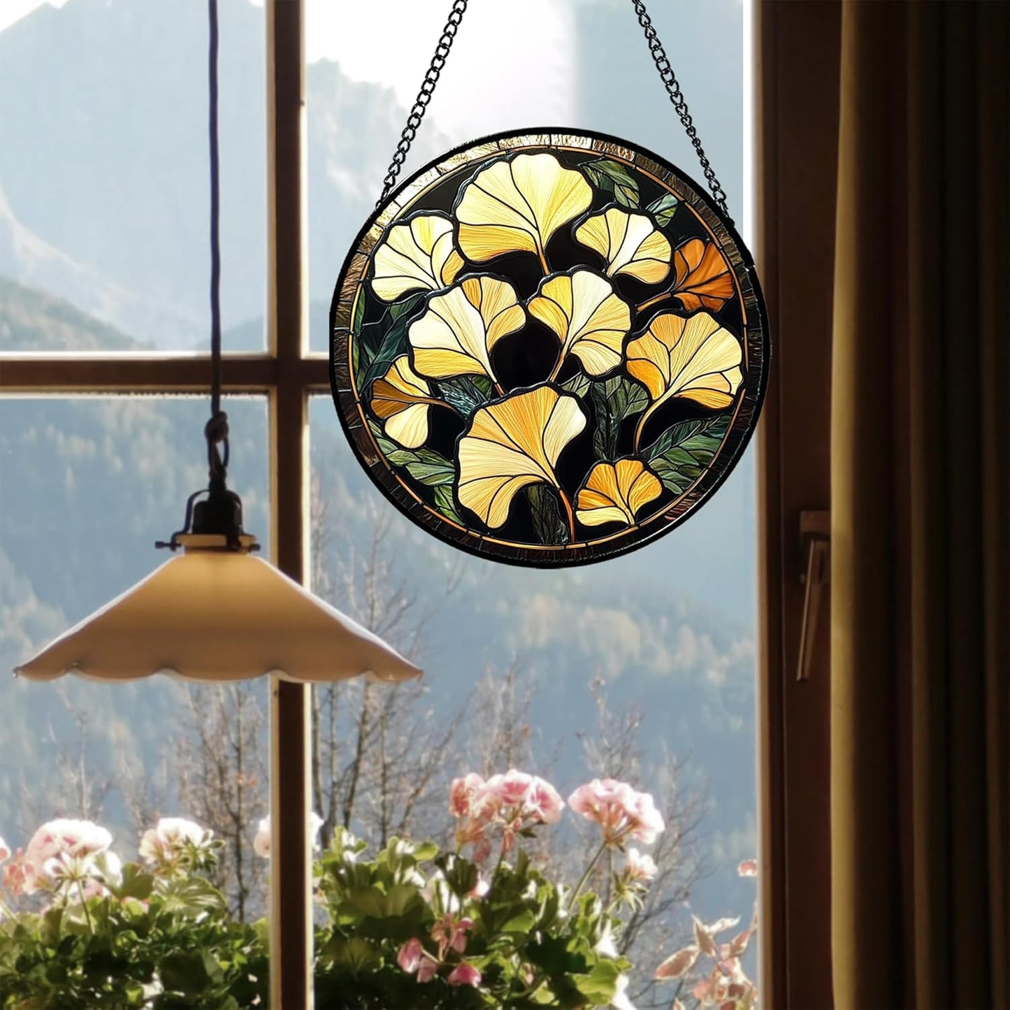 Stained Glass Window Hanging - Ginkgo Leaf Suncatcher for Doors Garden Patio Retro Fall Decor Sun Catchers Christmas Mother's Day Birthday Gifts for Women Men Mom Nana Friend 9.8 in