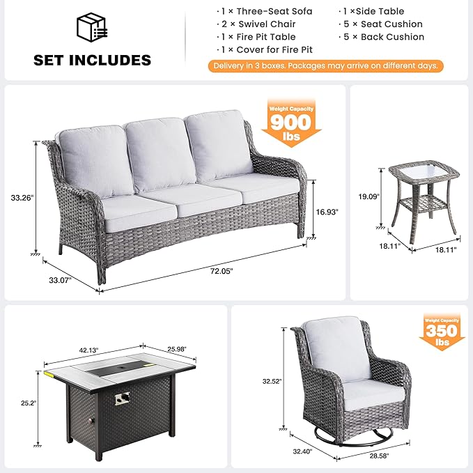ovios 5 Pieces Patio Furniture Set, Outdoor Wicker Sofa Couch with Swivel Chairs 42" Fire Pit Table, High Back All Weather Modern Conversation Sets, Grey Rattan, Grey