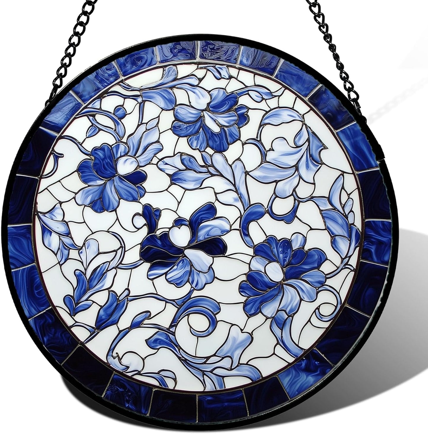 Stained Glass Window Hanging, Blue and White Abstract Flowers Sun Catcher for Door Home Decor Suncatcher Christmas Mother's Day Birthday Gifts for Women Men Mom and Nana 9.8 in