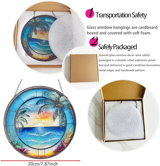 RIVEENY Blue Ocean Sunset Glass Window Hanging Decor,8" Stained Glass Sun Catcher Hanging Decoration with Metal Chain-Sun Catchers for Window Decor Outdoor Garden Decor Gift (Oceans)