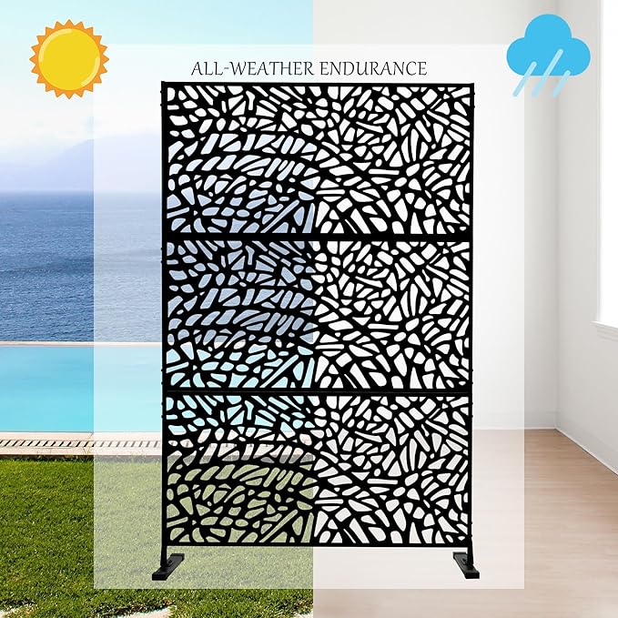 Kozyard Metal Privacy Screen 74" H x 47.2" W Decorative Outdoor Divider with Stand Panels Freestanding Screen Set for Deck Patio Balcony Garden Outdoor&Indoor(Black/Organic Fracture)