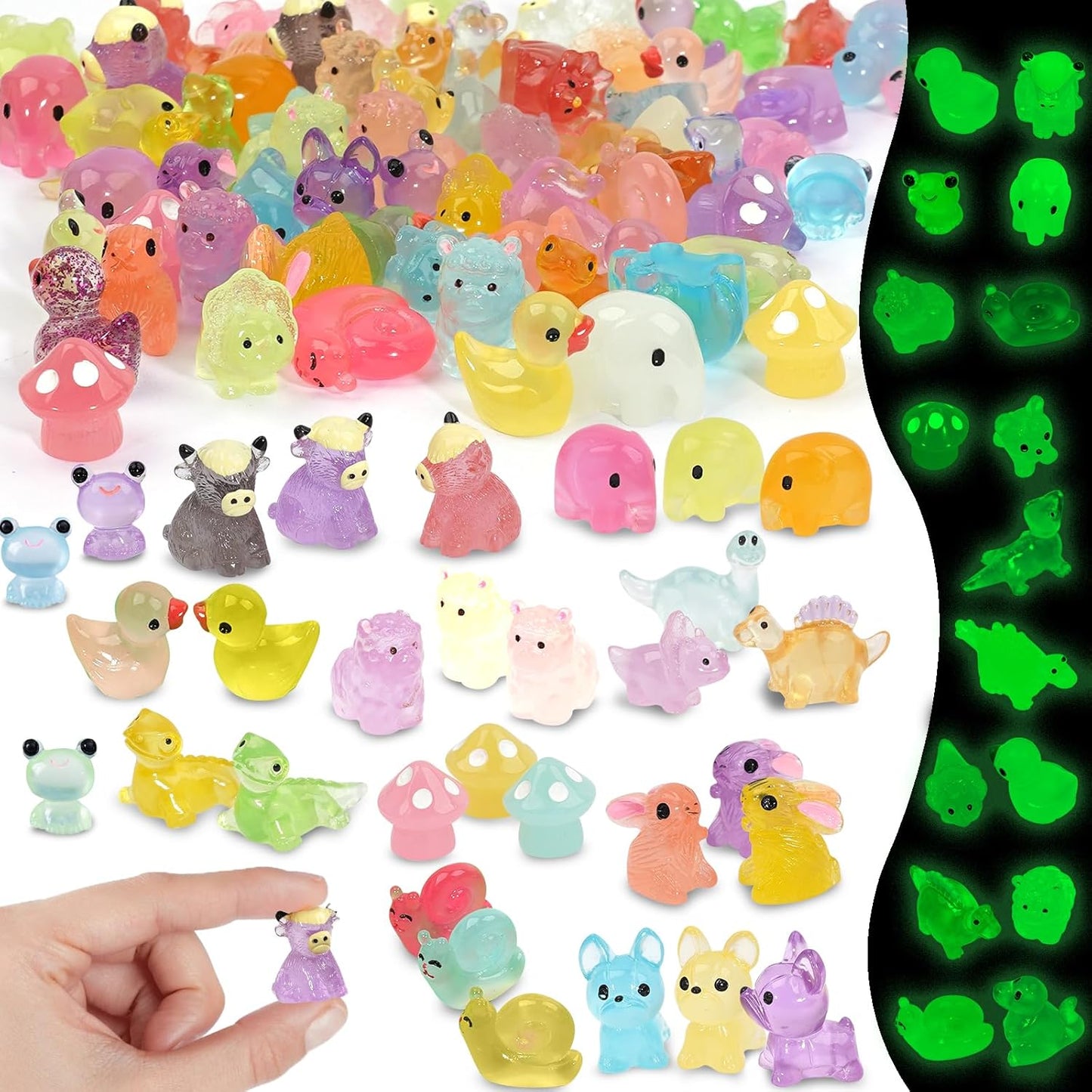 Mini Resin Animals Figures to Hide, 72 PCS Tiny Animal Figurines Small Plastic Animals Variety Pack Luminous Glow in The Dark, Little Ducks Miniature Dinosaurs for Fairy Garden Aquarium Decor